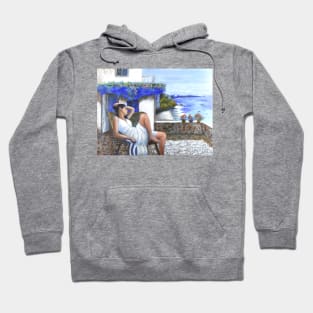 Woman girl sitting relaxing meditating on terrace looking at sea peaceful relaxed zen yoga buddhism Hoodie